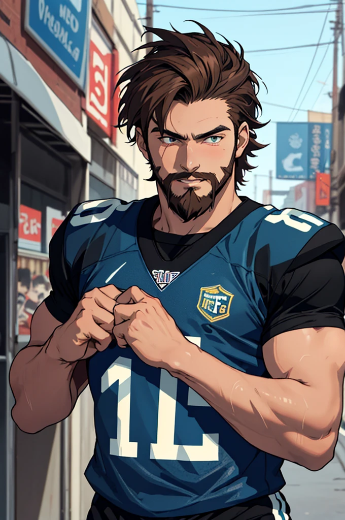 Man,17 years old, strong, tall, brown hair, he wears football clothes and the other wears black clothes with neon blue details, wears anime, charismatic, beard
