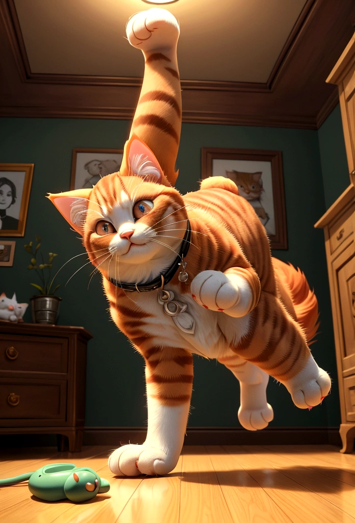 After breakfast, Oliver, the fluffy cute ginger cat, wandered into the living room, where his favorite toys were scattered about. He pounced on a stuffed mouse, his fluffy tail swishing back and forth as he played energetically. His face showed a playful grin as he engaged with his toys. (good quality:1.2), (Ultradetailed:1.2), (ultradetailed face:1.2), (ultradetailed body:1.2)