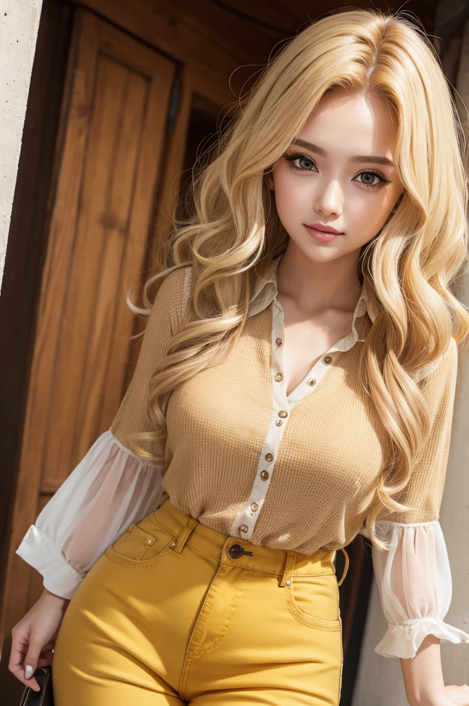  blonde with long curly hair dark brown eyes yellow blouse short jeans