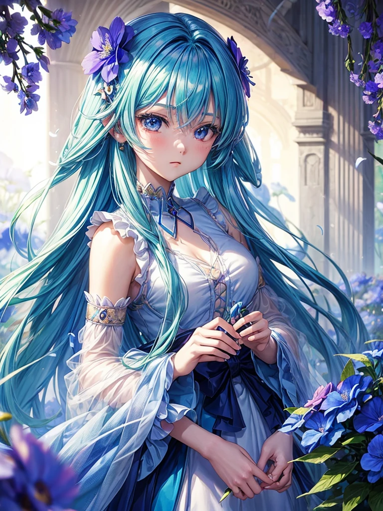 a ethereal ((( anime girl ))) with blue hair among blue vividly drawn ((( flowers)))