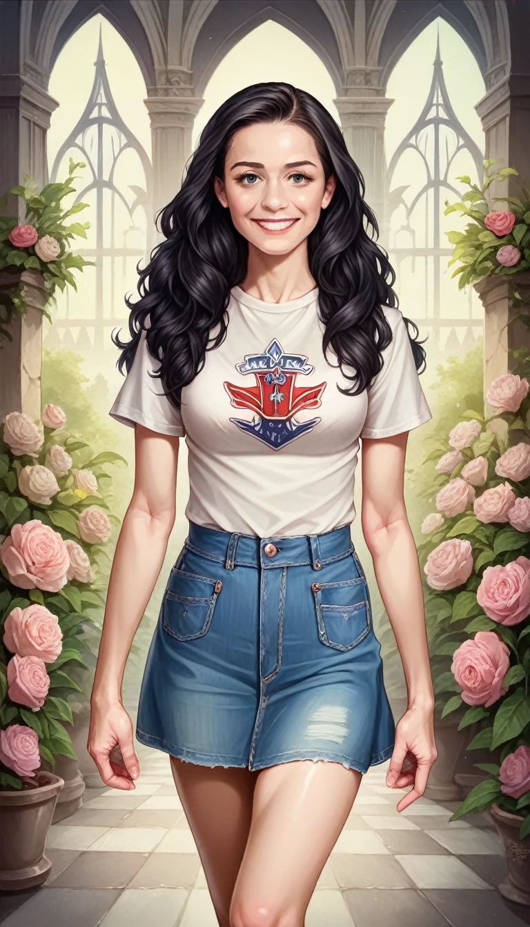 girl, (semi long black hair) (beautiful hair), Actress, SMILE, shiny skin, Best Quality, Masterpiece, (photorealistic: 1.4), Terrace seating, Europe, France, Paris, Denim mini skirt (Realistic screen), white short sleeves (cotton fabric), (