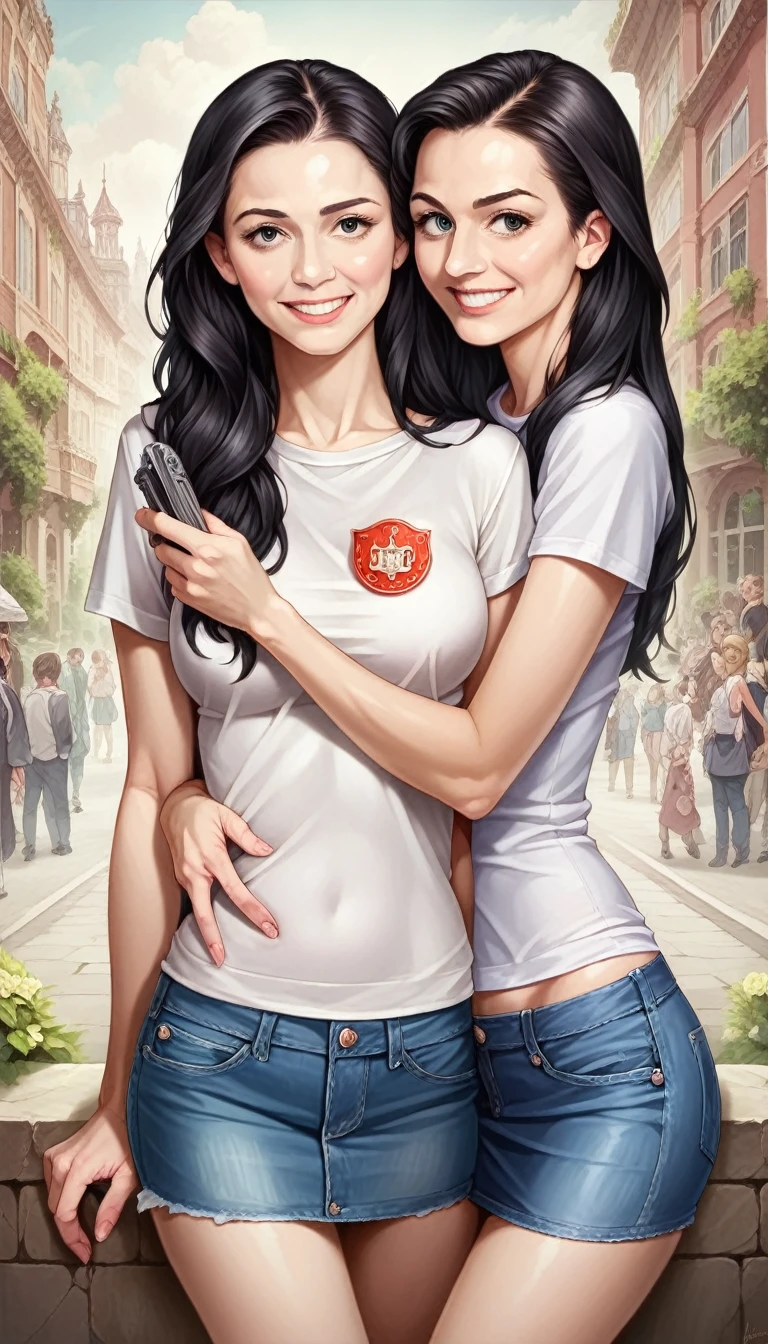 girl, (semi long black hair) (beautiful hair), Actress, SMILE, shiny skin, Best Quality, Masterpiece, (photorealistic: 1.4), Terrace seating, Europe, France, Paris, Denim mini skirt (Realistic screen), white short sleeves (cotton fabric), (