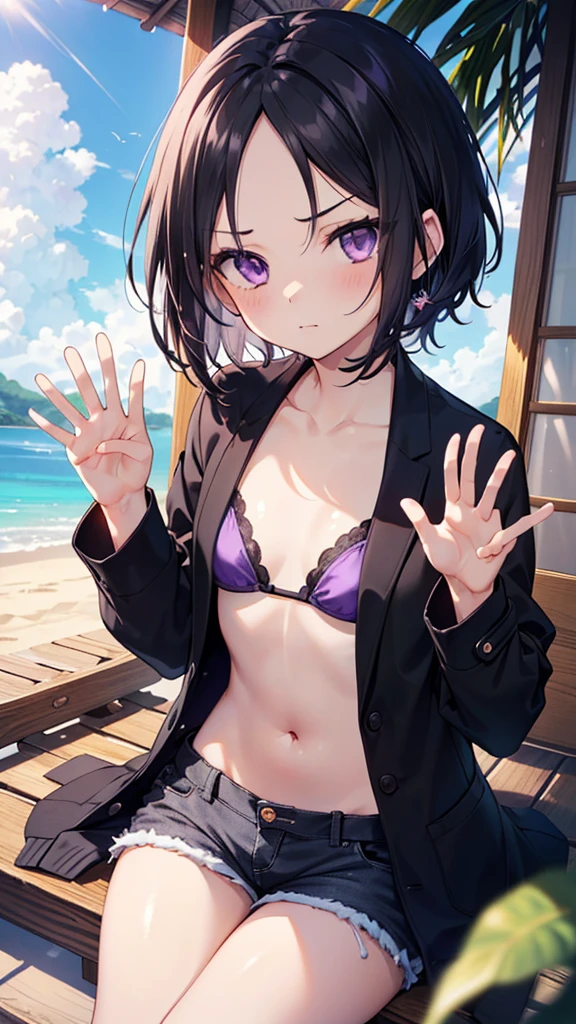 ((masterpiece)), (anime:1.3), ((Highest quality)), (Super detailed:1.2), (High resolution:1.3), (Professional photography:1.2), (), (One girl), Cute young girl, From above, break, , Glare、Angry,、Cleavage、 Short Hair、(Beautiful purple eyes:1.3), (Sunburn), (Take off your long coat), Bikini Tops, Flat Chest, The body is slim, (Forehead), Disheveled Hair, (Short Hair), ((Beautiful black hair)), Wear a long cardigan, Shorts, break, ((Highest quality)), (Hand waving pose), (In tropical countries), (Sharp focus), (Perfect light),