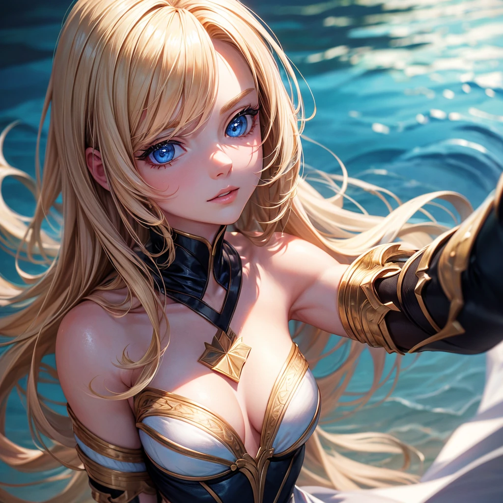 (1 woman,Masterpiece,8k,bust,Best Quality,perfect quality),A modern style,blond hair, blue eyes,16k, ultra high definition, retina, Masterpiece, necessary, anatomically correct, Best Quality, high quality, textured skin.