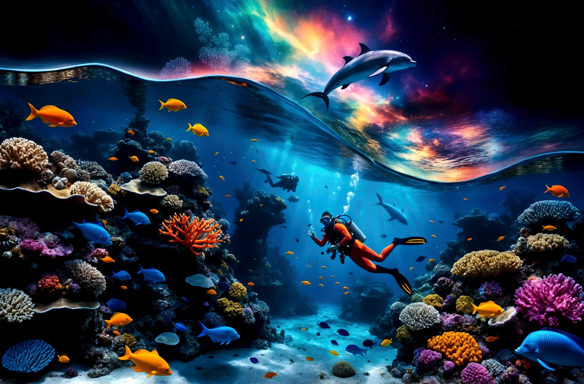 the image showcases a hyper-realistic and fantastical style, blending elements of underwater photography with digital art touches.(( A detailed diver in full gear explores a vibrant coral reef )), surrounded by multicolored fish that emit pulsating lights. (( Small bioluminescent creatures dance around the diver, leaving luminous trails behind them )). only one dolphin, gracefully leaping above the water toward the upper center of the image, leaves a trail of stardust in its wake. ( Ethereal bubbles reflecting the cosmic sky gently float around the underwater scene ), while bioluminescent orbs drift in the water, emitting a soft bluish light and creating mystical reflections. The dense and colorful coral reef occupies much of the center of the image, while the background shows a transition between the ocean and a spectacular starry sky, with luminous galaxies and nebulae. Silhouettes of mythical creatures, such as mermaids or aquatic dragons, can be seen in the background. The depth of field is vast, allowing for clear sharpness of both near and distant elements, giving a sense of immensity and depth to the image. Dominant colors include deep blues of the ocean, vibrant oranges and yellows of the fish, and purples and pinks of the galaxies and corals. These contrasting colors enhance the fantastical and dreamlike quality of the image. The composition follows a diagonal from the bottom left to the top right, guiding the viewer's eye from the diver and corals to the dolphin and the cosmic sky. This diagonal reinforces the dynamism of the scene. Finally, a shimmering mist envelops the scene, giving it an ethereal quality, almost like a dream.