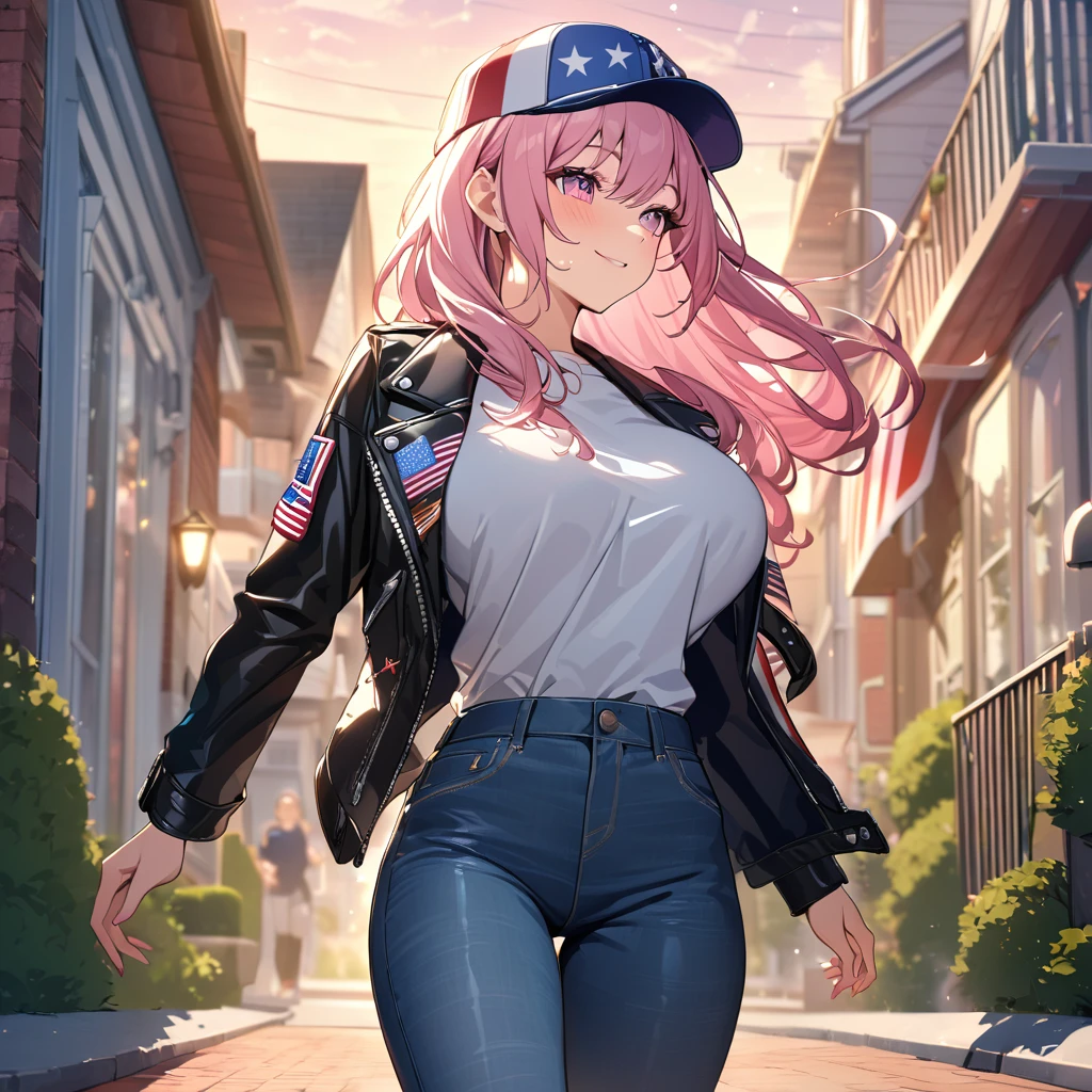 A woman wearing a leather jacket with United States flag fabric, open jacket, white shirt with United States flag, wearing tight jeans, sports sneakers, hot pink hair, long hair, silver bangs, multicolored hair, pink eyes, big breasts, cap with United States texture, pink glasses, walking on the sidewalk of an American neighborhood, standing, smiling, traditional, United States flag on houses, neighborhood in celebration, place at sunset,UHD , prime work , accurate , anatomically correct , textured skin , super details , high quality , best quality, 8k, high resolution, bokeh effect. (woman solo), close view.
