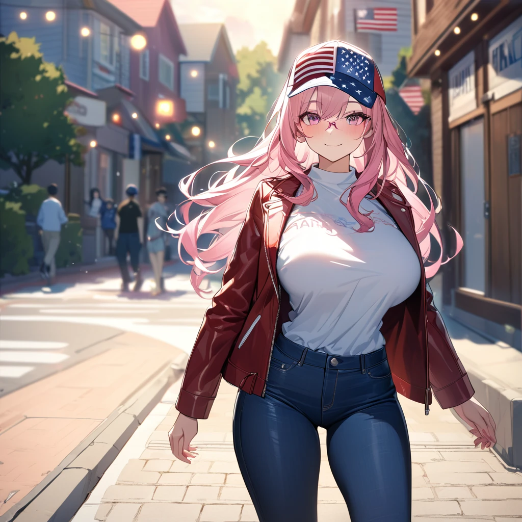 A woman wearing a leather jacket with United States flag fabric, open jacket, white shirt with United States flag, wearing tight jeans, sports sneakers, hot pink hair, long hair, silver bangs, multicolored hair, pink eyes, big breasts, cap with United States texture, pink glasses, walking on the sidewalk of an American neighborhood, standing, smiling, traditional, United States flag on houses, neighborhood in celebration, place at sunset,UHD , prime work , accurate , anatomically correct , textured skin , super details , high quality , best quality, 8k, high resolution, bokeh effect. (woman solo), close view.
