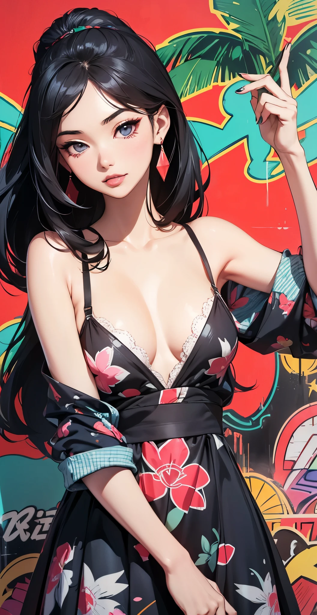Flat Illustration artwork, ((Angelababy)) in a dress standing in front of simple background, up close, ((Art style by Patrick Nagel)), ((8k, wallpaper, detailed)), dark sunglasses, korean pop-star, big smile, black hair, pretty hands, fringe, simple red background, palm trees, (graffiti wall:1.2), strong, courageous, art by Patrick Nagel, music album art cover