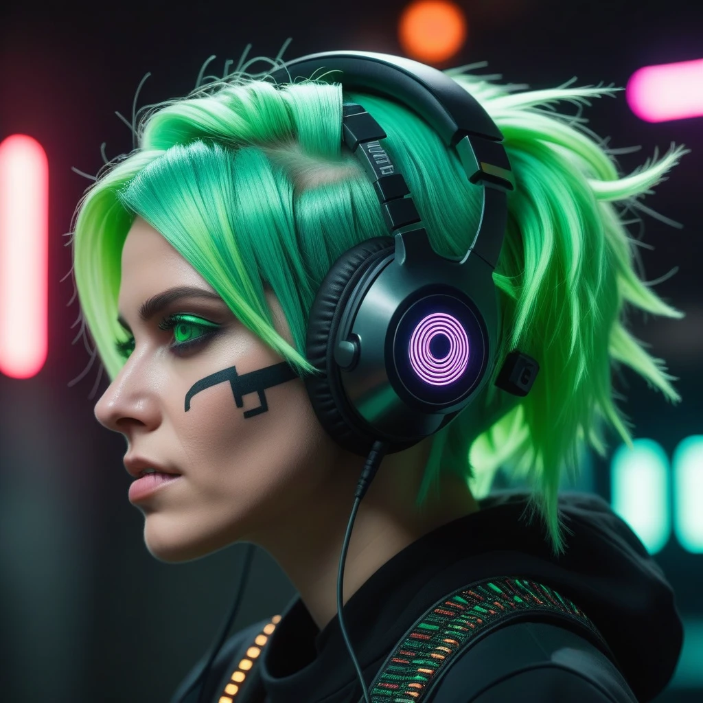 (((work of art, best qualityer, high qualiy,))) (pop art:0.8), Woman, messy green hair, (Glitch:1.33), glowing white eyes, just a strange face in a, strange place, detailed back ground, (ninja), cyber punk, headphones