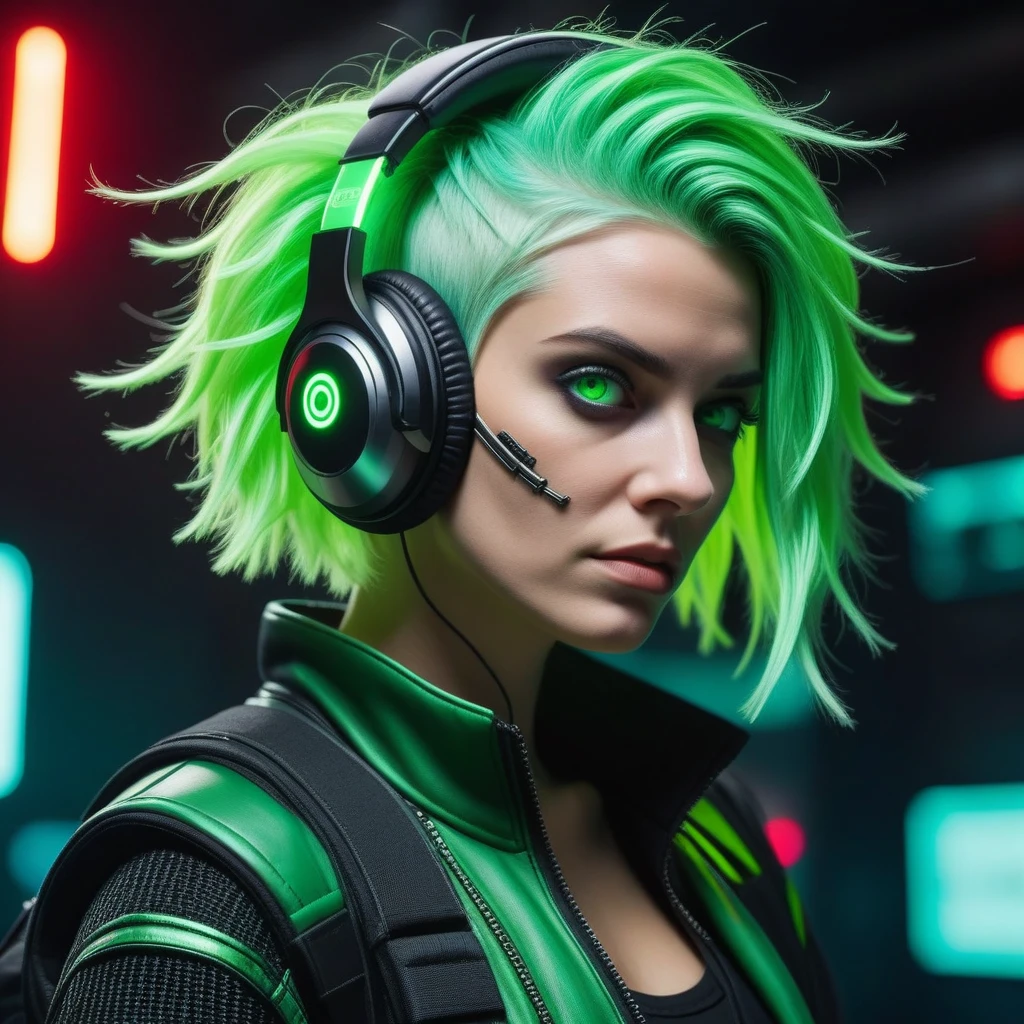 (((work of art, best qualityer, high qualiy,))) (pop art:0.8), Woman, messy green hair, (Glitch:1.33), glowing white eyes, just a strange face in a, strange place, detailed back ground, (ninja), cyber punk, headphones