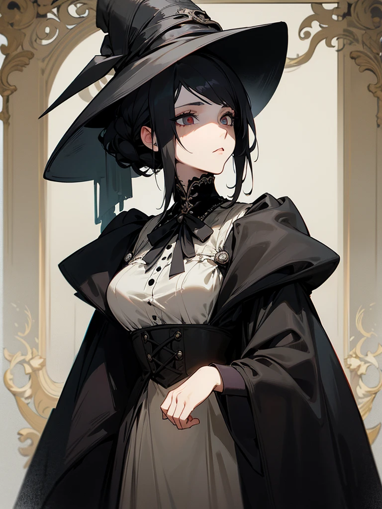 A female adult plague doctor. She would have totally black hair, her hair is short and messy. Her eyes would also be black and she would be very tall, having the appearance and stature of an adult. She has dark circles under her eyes. Her clothes would cover her entire body except for her face.

Victorian Style art. Dark Art.