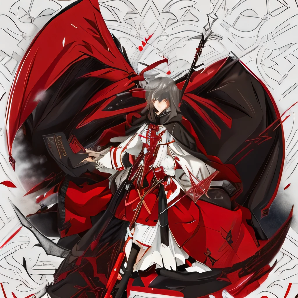 Height 165cm,Red eyes,Smiling,Long hair,Hair color gray。Wearing a black cape with red stripes,Under the cloak is a set of red and white uniforms.,Bust B+。The lower body is wearing a pair of black shorts with white edges,A brown belt around the waist,barefoot,Holding a staff,The cape is huge,Handsome