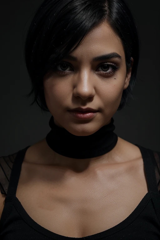 character with short black hair, black eyes, face with some black details, special effects