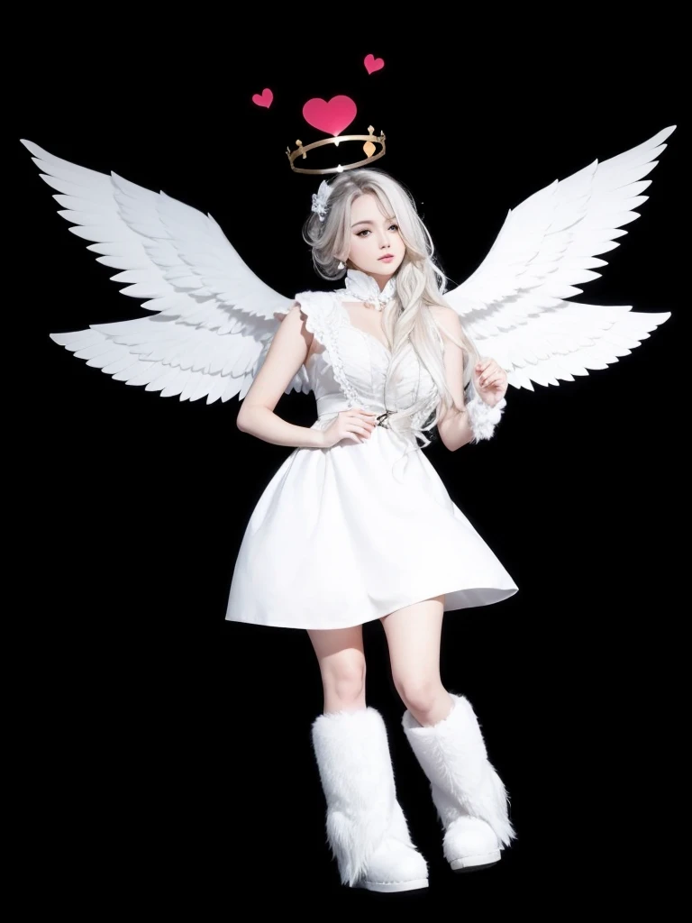 A beautiful full body, with white dress, white furry boots, with white wings and white wavy hair
