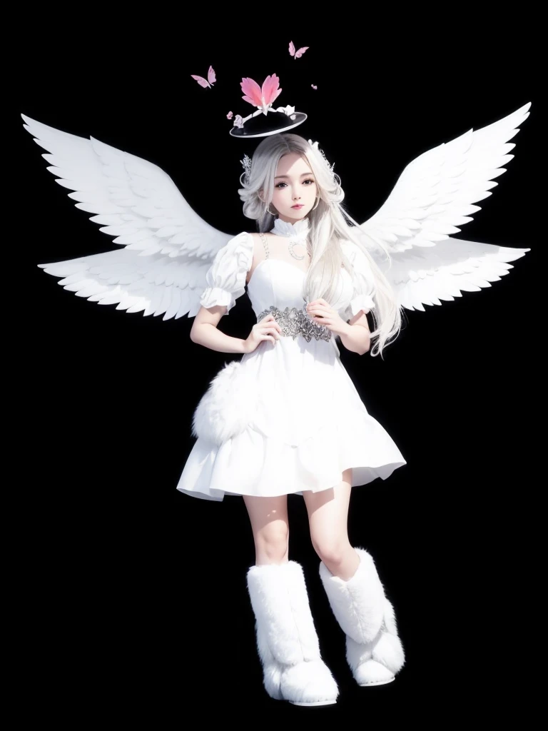 A beautiful full body, with white dress, white furry boots, with white wings and white wavy hair