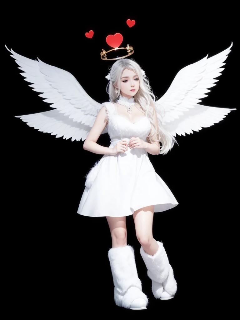 A beautiful full body, with white dress, white furry boots, with white wings and white wavy hair