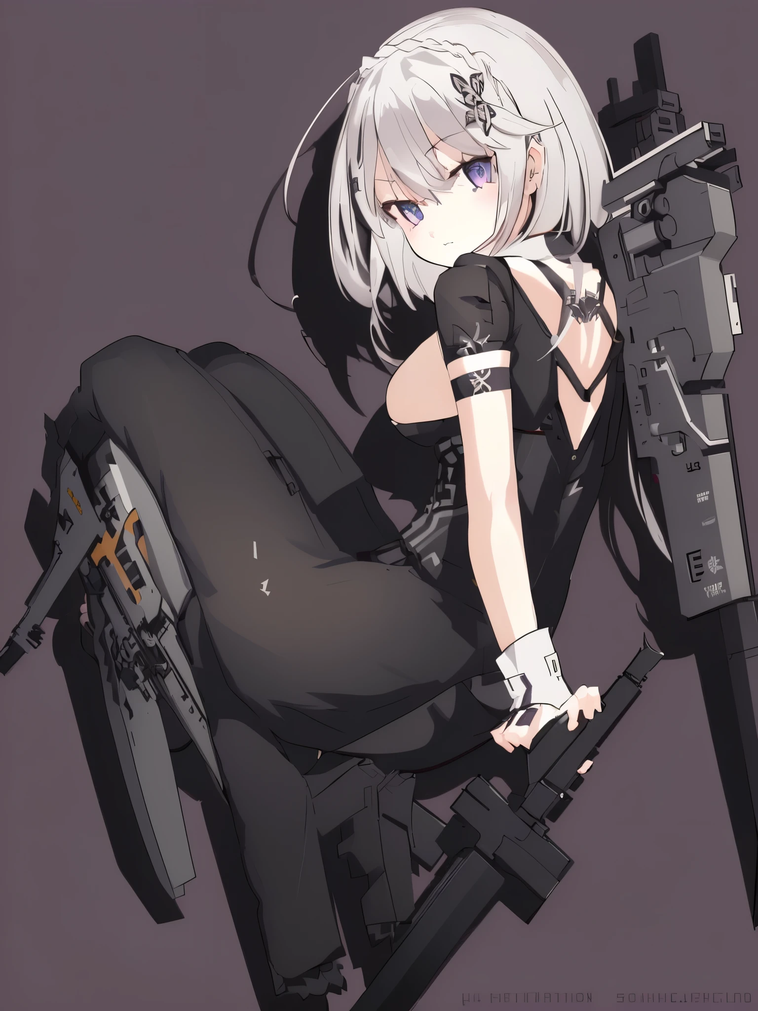 Emilia re:zero, purple eyes, Emilia, crown braid, x hair ornament, flower hair ornament, white hair, long hair, medium breasts, anime girl with a gun and a black dress sitting on a chair, from girls frontline, fine details. girls frontline, girls frontline style, best anime 4k konachan wallpaper, mechanized soldier girl, m4 sopmod ii girls frontline, kantai collection style, girls frontline cg, girls frontline, 2b nier automata, by Shitao