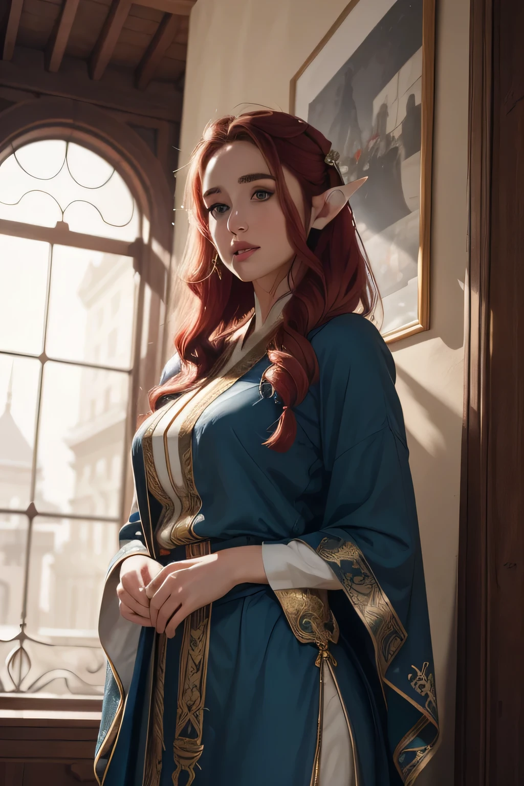 ((best qualityer)), ((work of art)), (detailded), high qualiy, 8K Ultra-HD, 1 A beautiful elf, rosto de Jennifer Connelly ,Long light red hair, blue colored eyes, thin lips, Round face, standing in a granite castle , vestindo long robe , clothes of an elf of the elven aristocracy, long robe, medieval gown, pure look, Perfect artwork, work of art, Character details, free and perfect scene ,clear lighting, detailed shadows