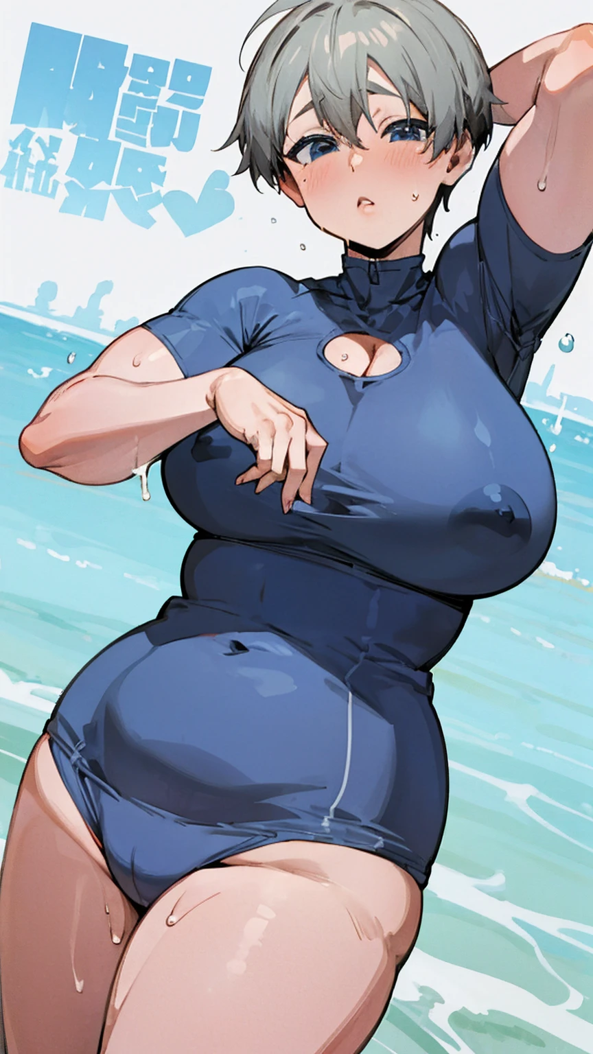 masterpiece, best quality, ultra-detailed, Potrait of beautiful , (chubby) (muscular), (plump), (sexly), (cleavage), ((tomboy)), (アニメ), (Breasts), (Plump), ((very short hair)), ((Uzaki Hana)), (overweight), (Gray Hair), ((Saggy breasts)), (blue eyes), (Short Hair), (blue eyes), ((thick)), (swimsuits), (Smelly body), (Sweaty body),