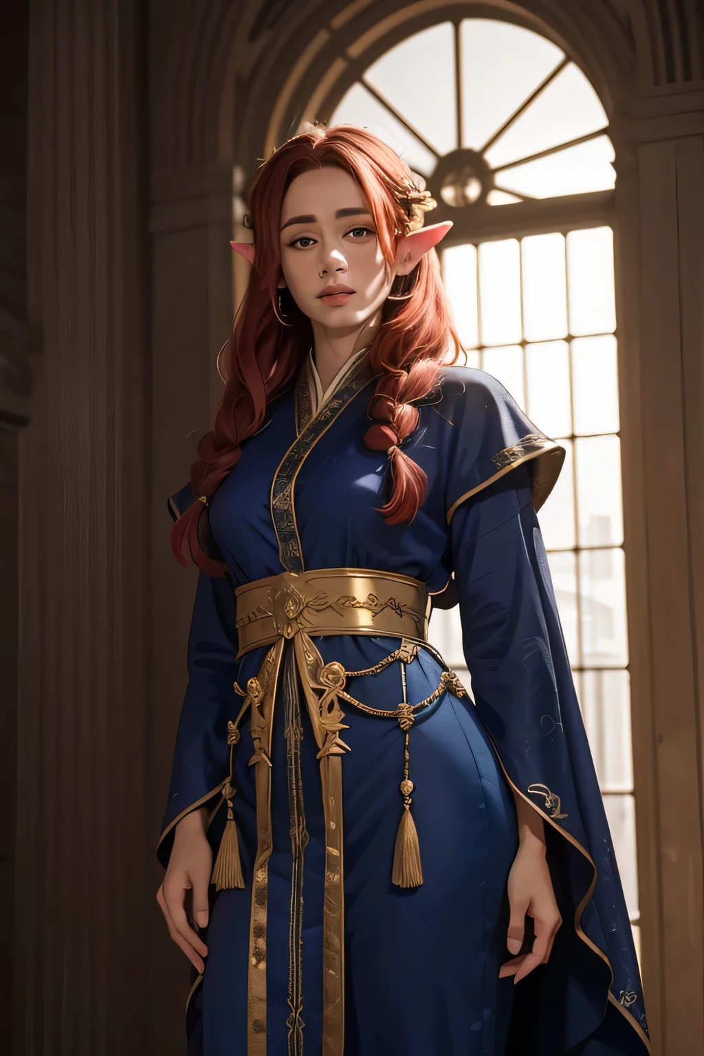 ((best qualityer)), ((work of art)), (detailded), high qualiy, 8K Ultra-HD, 1 A beautiful elf, rosto de Emily Blunt ,Long light red hair, blue colored eyes, thin lips, Round face, standing in a castle in the throne room, vestindo long robe , clothes of an elf of the elven aristocracy, long robe, medieval gown, pure look, Perfect artwork, work of art, Character details, free and perfect scene ,clear lighting, detailed shadows