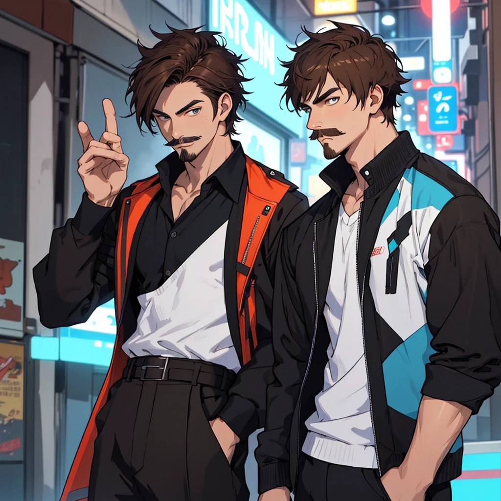 Man,, strong, tall, brown hair, he wears wears black clothes with neon blue details, wears anime, charismatic, Thin, elegant mustache, short hair, playboy