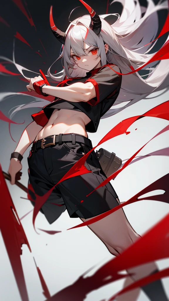 horn、red、black、Long Hair、Gray Hair、strong、devil、Shorts、belt、whole body