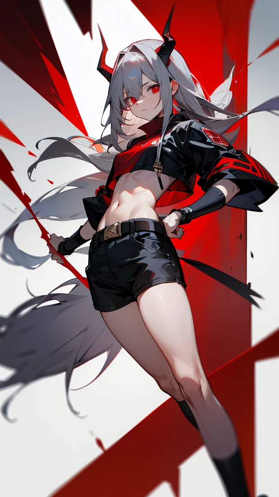 horn、red、black、Long Hair、Gray Hair、strong、devil、Shorts、belt、whole body