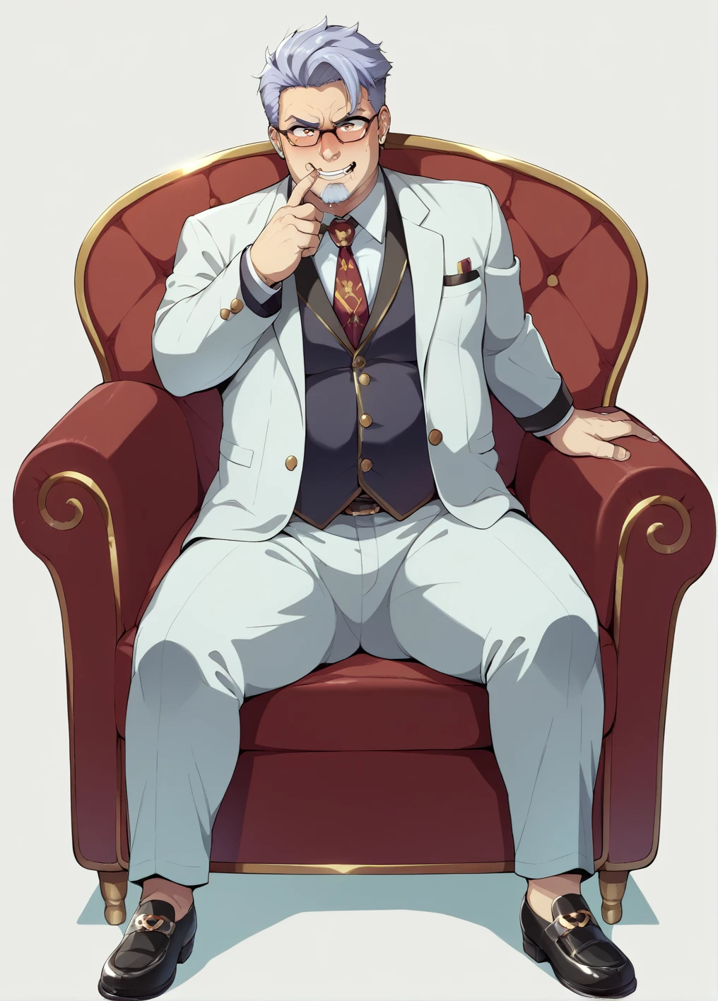 Ultra-detailed illustrations、Ultra-precise expression、masterpiece、Highest quality、ultra High resolution、High resolution、Hiromitsu Takeda Style、White background、Simple Background、sit、whole body、White Suit、One fat old man、baldness、solo、Vulgar expression、Leather shoes、Luxurious sofa、