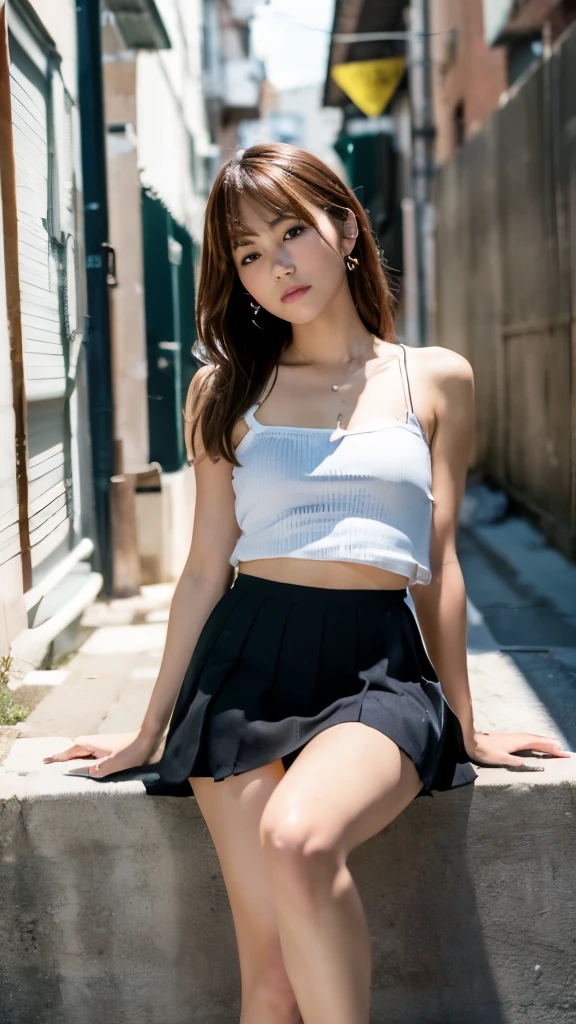 ((8k:1.27), best quality, masterpiece, super high resolution: 1.2,,A girl sitting in a back alley, looking at her with a disdainful expression,13 years old, whole body, ,student, whole body, both thighs ,flat chest:1.6, legs spread,gyaru make,camisole, miniskirt,high kick with right foot