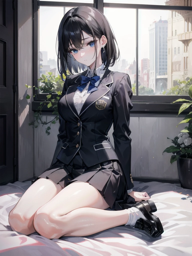 absurdres, RAW photo, extremely delicate and beautiful, masterpiece, Best Quality, ultra high resolution, 32k, hyperrealistic, ultra-detailed, in her 20s, delicate facial features, tearful mole, earring, medium breasts, full body shot, shorter middle hair, black hair, school_uniform, blazer,