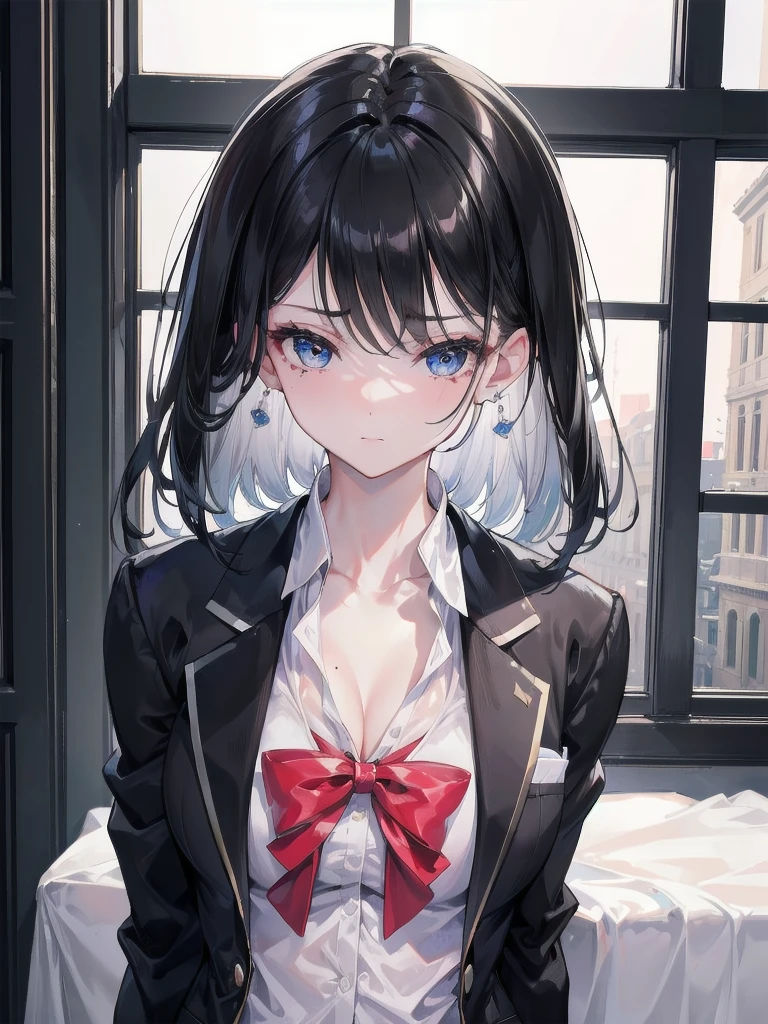absurdres, RAW photo, extremely delicate and beautiful, masterpiece, Best Quality, ultra high resolution, 32k, hyperrealistic, ultra-detailed, in her 20s, delicate facial features, beautiful detailed girl, tearful mole, earring, medium breasts, full body shot, medium hair, black hair, school_uniform, blazer,