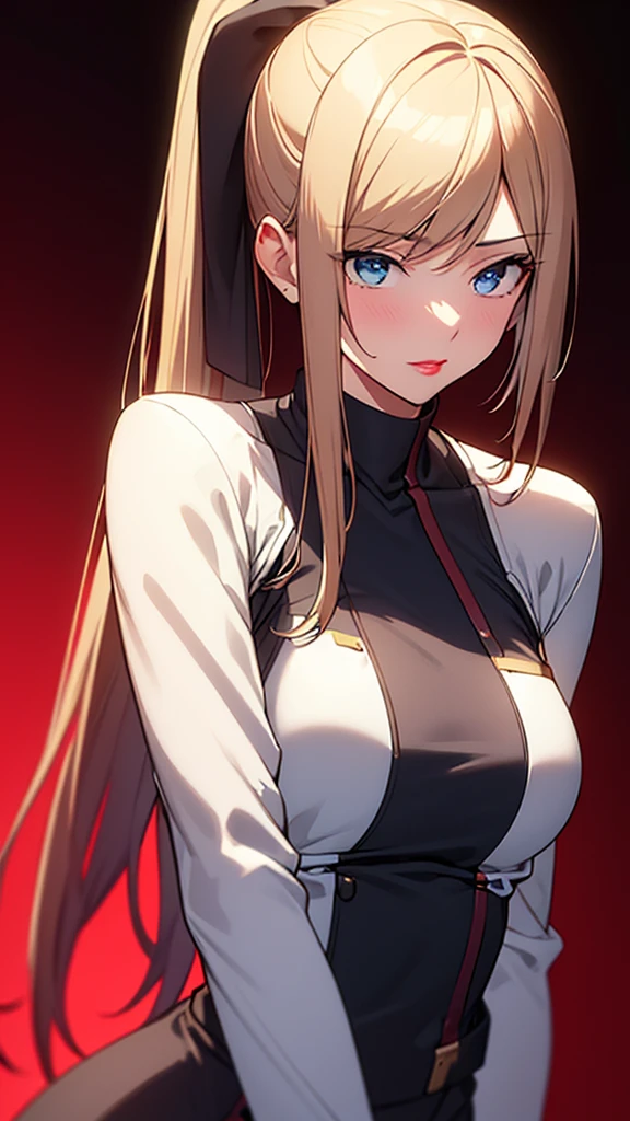 比類のないmasterpiece, Ultra-realistic 8K CG, Perfect artwork, ((The perfect woman)), Mature Woman, Narrow waist, Fascinating, clean, Beautiful Face, {Very delicate and beautiful girl} , 8k wallpaper, {{{masterpiece}} }, One girl, Blonde, blue eyes, ponytail, Police uniform, jewelry, lips, lipstick, Long Hair, Watch the audience, compensate, lips, red lips, Simple Background, alone, Upper Body, (Shiny skin),