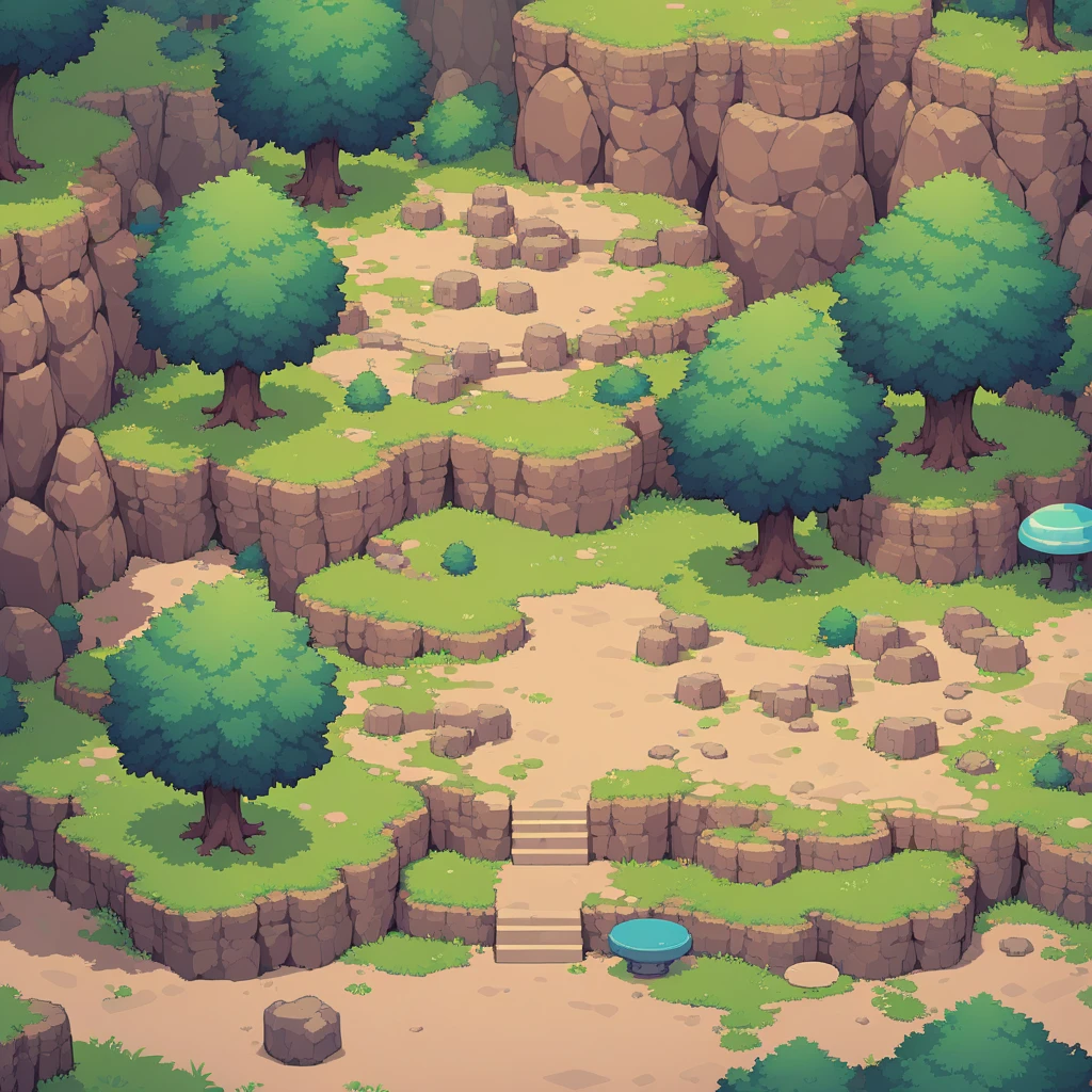 retro video game style,pixelated, vibrant pastel colors,8-bit characters,blocky shapes,sharp lines,detailed shading,classic gaming vibe,nostalgic atmosphere,classic arcade games,masterpiece:1.2,ultra-detailed,illustration style, 2d texture, stone texture, 4 k seamless mud texture, video game texture, dirt texture, tileset, game tiles, grass, 3/4th perspective trees, 3/4th perspective tileable rock texture, 3/4th perspective tileable cliff formations, tileable trees, topdown view, game texture, game art, tileable texture, very detailed cliff texture, intricate stones, top down view, 3/4th perspective
