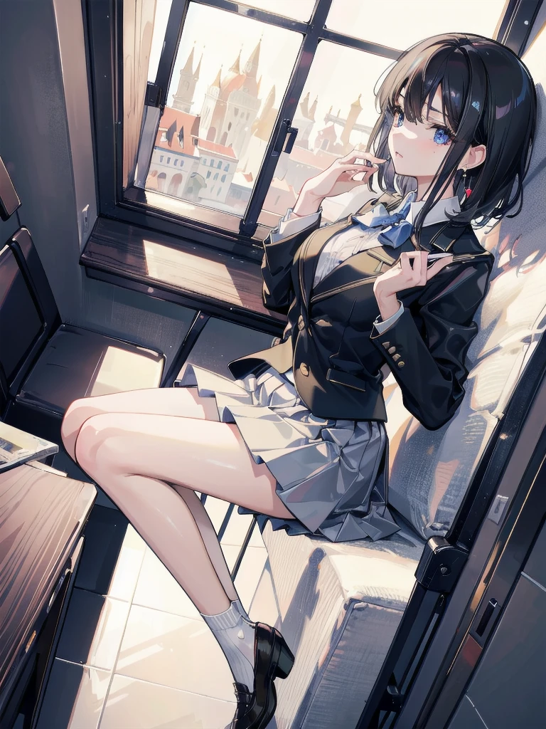 absurdres, RAW photo, extremely delicate and beautiful, masterpiece, Best Quality, ultra high resolution, 32k, hyperrealistic, ultra-detailed, in her 20s, delicate facial features, tearful mole, earring, medium breasts, full body shot, shorter middle hair, black hair, school_uniform, blazer,