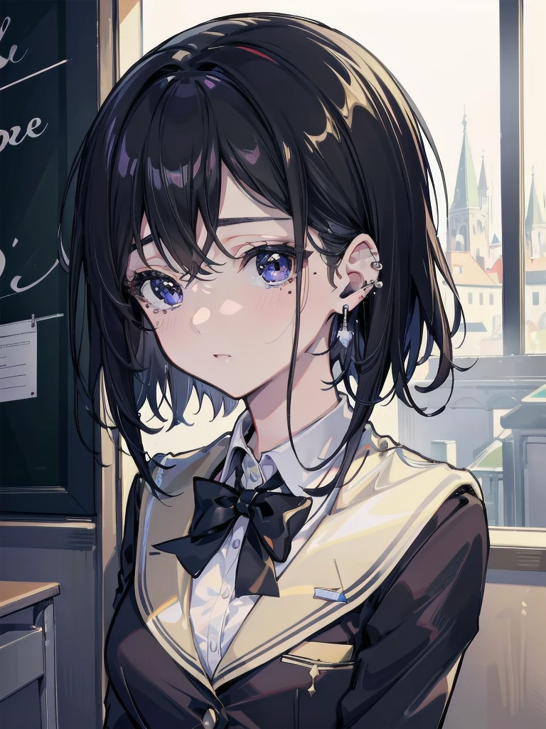 absurdres, RAW photo, extremely delicate and beautiful, masterpiece, Best Quality, ultra high resolution, 32k, hyperrealistic, ultra-detailed, in her 20s, delicate facial features, tearful mole, earring, medium breasts, full body shot, shorter middle hair, black hair, school_uniform, blazer,