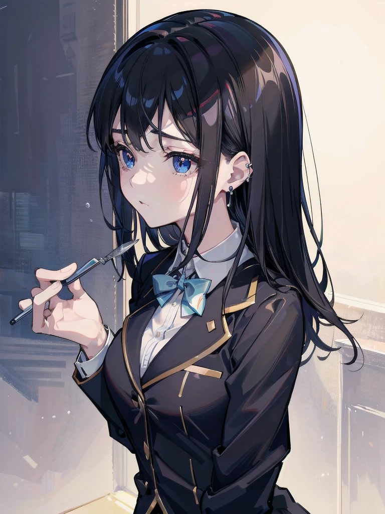 absurdres, RAW photo, extremely delicate and beautiful, masterpiece, Best Quality, ultra high resolution, 32k, hyperrealistic, ultra-detailed, in her 20s, delicate facial features, tearful mole, earring, medium breasts, full body shot, shorter middle hair, black hair, school_uniform, blazer,