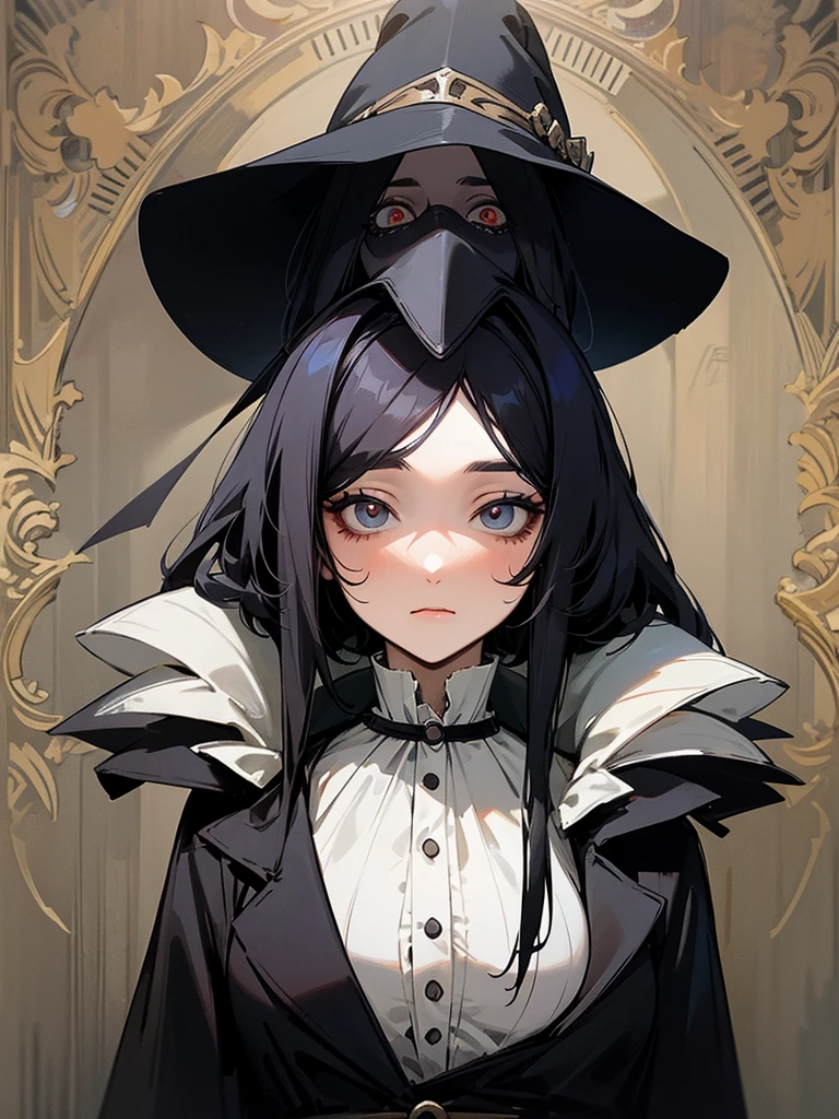 A female adult plague doctor. She would have totally black hair, her hair is short and messy. Her eyes would also be black and she would be very tall, having the appearance and stature of an adult. She has dark circles under her eyes. Her clothes would cover her entire body except for her face.

Victorian Style art. Dark Art.