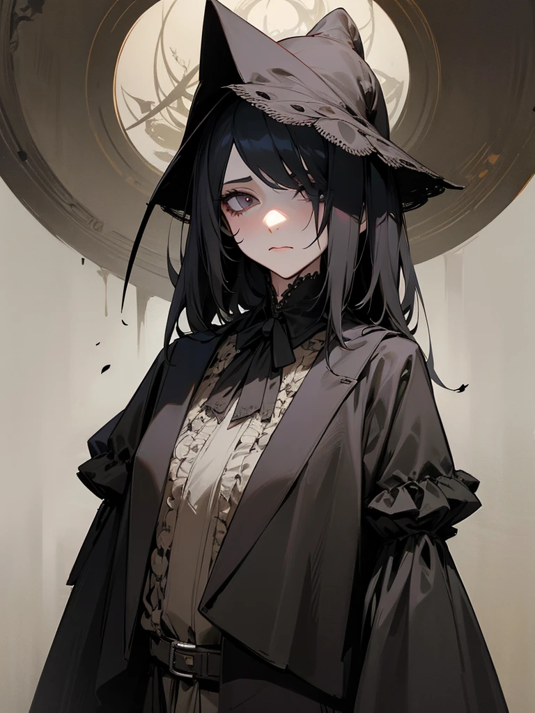 A female adult plague doctor. She would have totally black hair, her hair is short and messy. Her eyes would also be black and she would be very tall, having the appearance and stature of an adult. She has dark circles under her eyes. Her clothes would cover her entire body except for her face.
Victorian Style art. Dark Art.