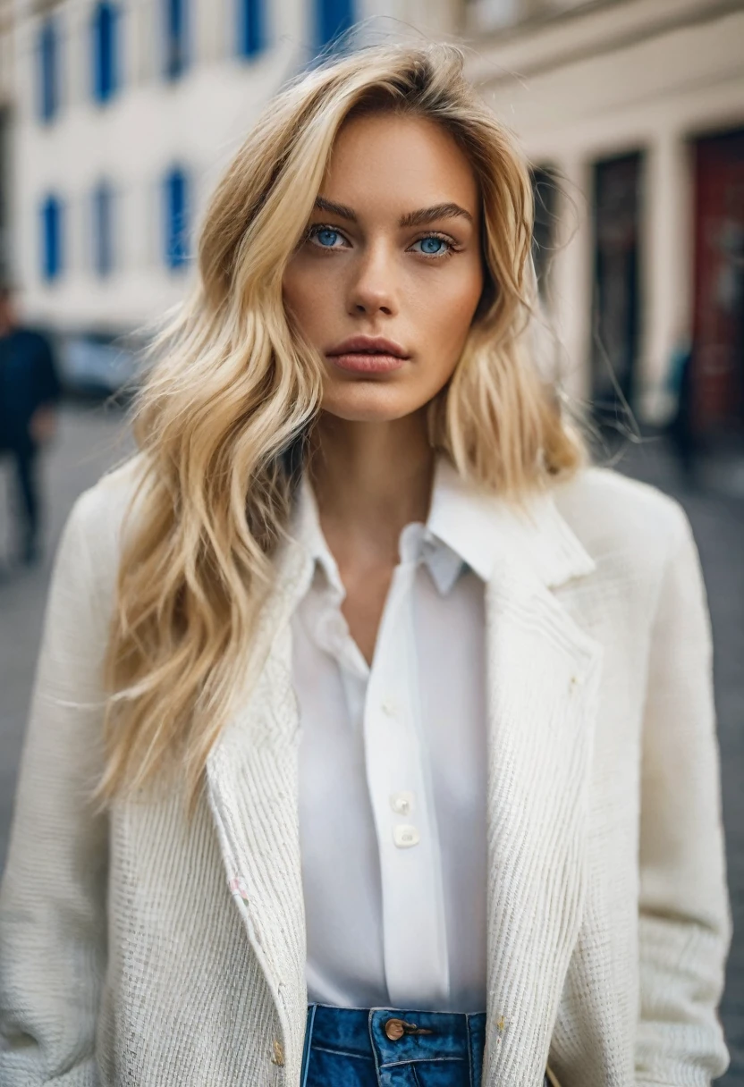 french girl with blonde hair and blue eyes,belles lèvres et yeux détaillés, détaillé et ,peau imparfaite,peau texturée,Partie supérieure du corps,beaux cheveux blonds détaillés,porter un crop top blanc , veste à rayures bleues, air force blanche , photo pris avec un iphone  dnas un mirroir