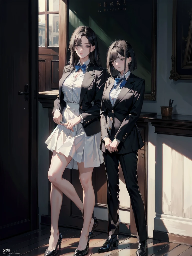 absurdres, RAW photo, extremely delicate and beautiful, masterpiece, Best Quality, ultra high resolution, 32k, hyperrealistic, ultra-detailed, in her 20s, delicate facial features, tearful mole, earring, medium breasts, full body shot, shorter middle hair, black hair, school_uniform, blazer,