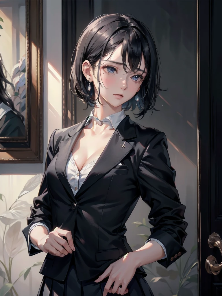 absurdres, RAW photo, extremely delicate and beautiful, masterpiece, Best Quality, ultra high resolution, 32k, hyperrealistic, ultra-detailed, in her 20s, delicate facial features, tearful mole, earring, medium breasts, full body shot, shorter middle hair, black hair, school_uniform, blazer,