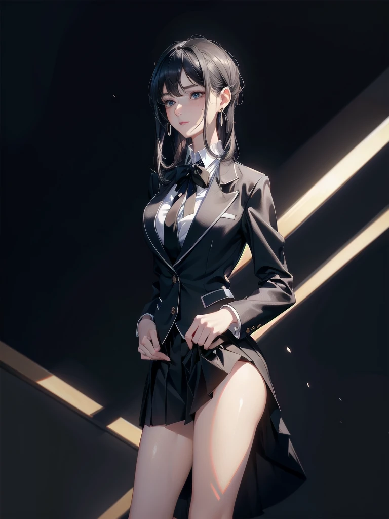 absurdres, RAW photo, extremely delicate and beautiful, masterpiece, Best Quality, ultra high resolution, 32k, hyperrealistic, ultra-detailed, in her 20s, delicate facial features, tearful mole, earring, medium breasts, full body shot, shorter middle hair, black hair, school_uniform, blazer,