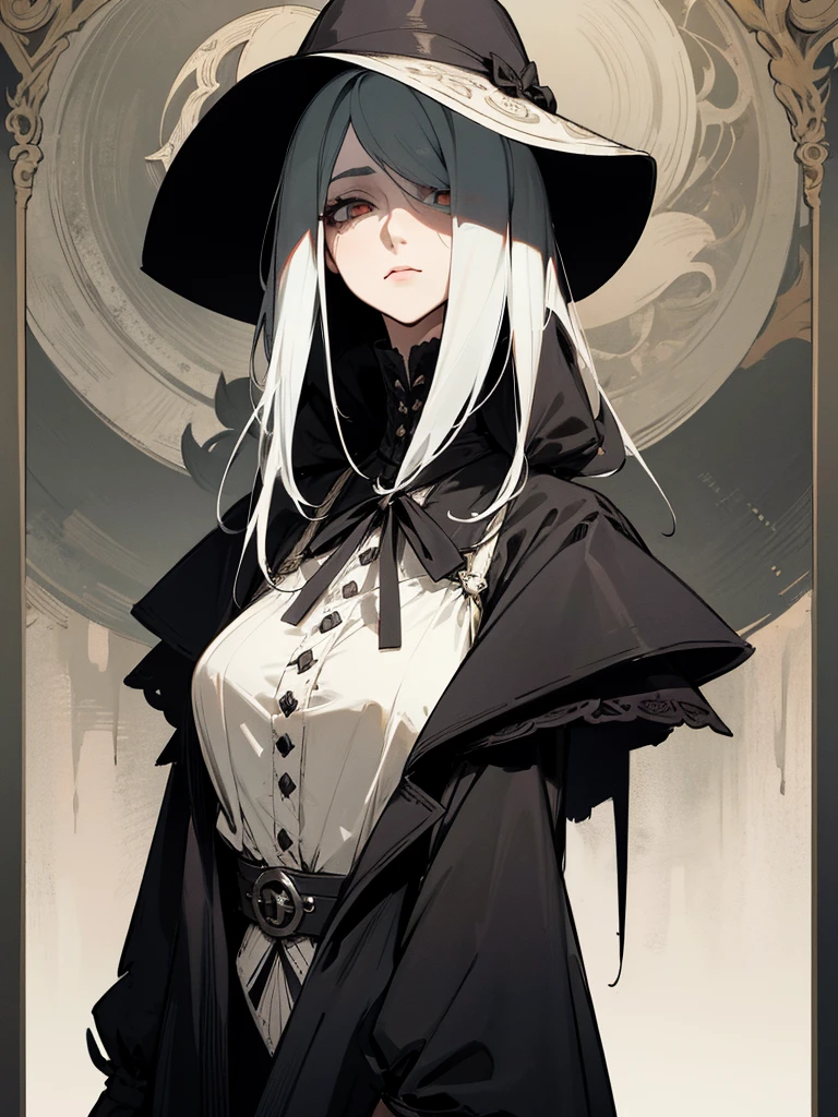 A female adult plague doctor. She would have totally black hair, her hair is short and messy. Her eyes would also be black and she would be very tall, having the appearance and stature of an adult. She has dark circles under her eyes. Her clothes would cover her entire body except for her face.

Victorian Style art. Dark Art.