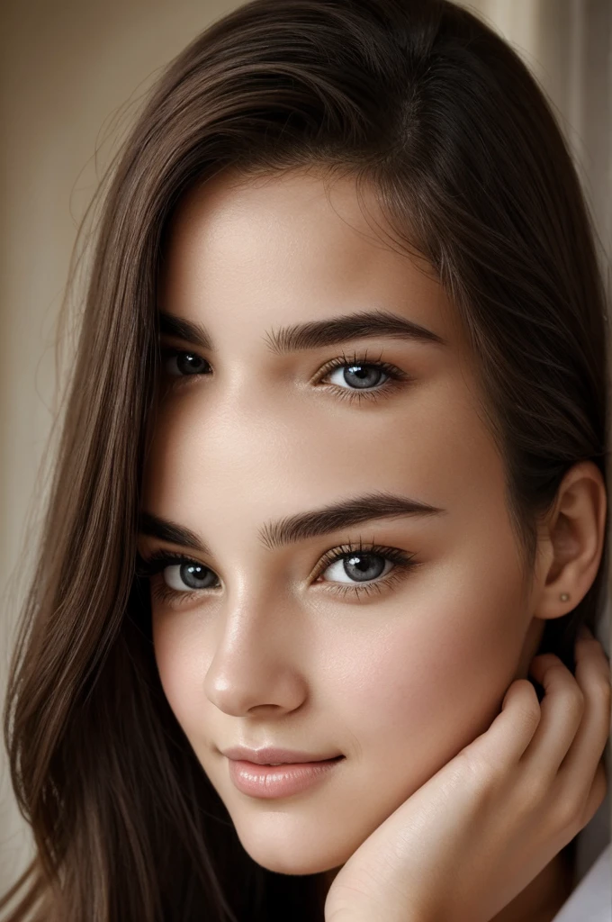 In a close-up portrait, the 18-year-old French beauty captivates with her flawless features. Her eyes, deep and alluring, draw you in with their mysterious charm, framed by long lashes. Rosy cheeks exude vitality, lips softly curved in a hint of a smile. A smooth forehead reflects innocence, while a straight nose leads the gaze to her captivating eyes. Elegantly arched eyebrows frame her face, adding depth to her expression. Each feature harmonizes to create a vision of timeless elegance and grace.