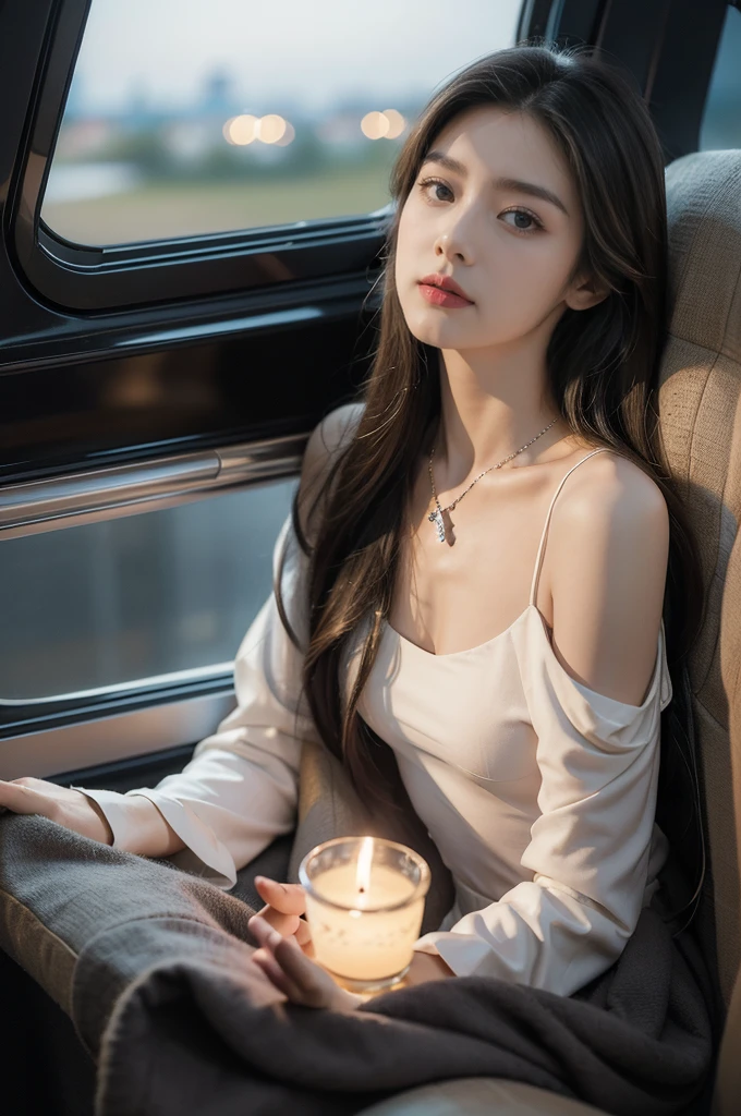 (((best quality))),(((ultra detailed))),(((masterpiece))),illustration,((1 beautiful girl,solo)),((slim,thin,small breasts,flat chest)),((shoulder length straight hair)),stunning female aviation passenger,In the aircraft cabin,nighttime flight,soaring high in the sky,serene beauty,elegance,dark colors,maxi dress,gracefully flowing,delicate necklace,sparkling pendant,soft lighting,anticipation,window seat,twinkling stars,moonlit sky,tastefully decorated aircraft interior,comfortable seats,warm ambiance,entertainment options,relaxation,tranquility,serene expression,peaceful atmosphere,contrast between darkness and warmth,captivating ambiance,magical moment,essence of summer,allure of the night,enchantment of air travel