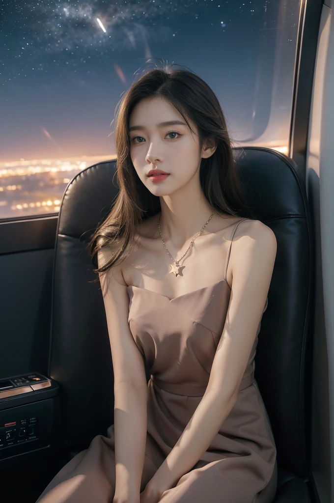 (((best quality))),(((ultra detailed))),(((masterpiece))),illustration,((1 beautiful girl,solo)),((slim,thin,small breasts,flat chest)),((shoulder length straight hair)),stunning female aviation passenger,In the aircraft cabin,nighttime flight,soaring high in the sky,serene beauty,elegance,dark colors,maxi dress,gracefully flowing,delicate necklace,sparkling pendant,soft lighting,anticipation,window seat,twinkling stars,moonlit sky,tastefully decorated aircraft interior,comfortable seats,warm ambiance,entertainment options,relaxation,tranquility,serene expression,peaceful atmosphere,contrast between darkness and warmth,captivating ambiance,magical moment,essence of summer,allure of the night,enchantment of air travel