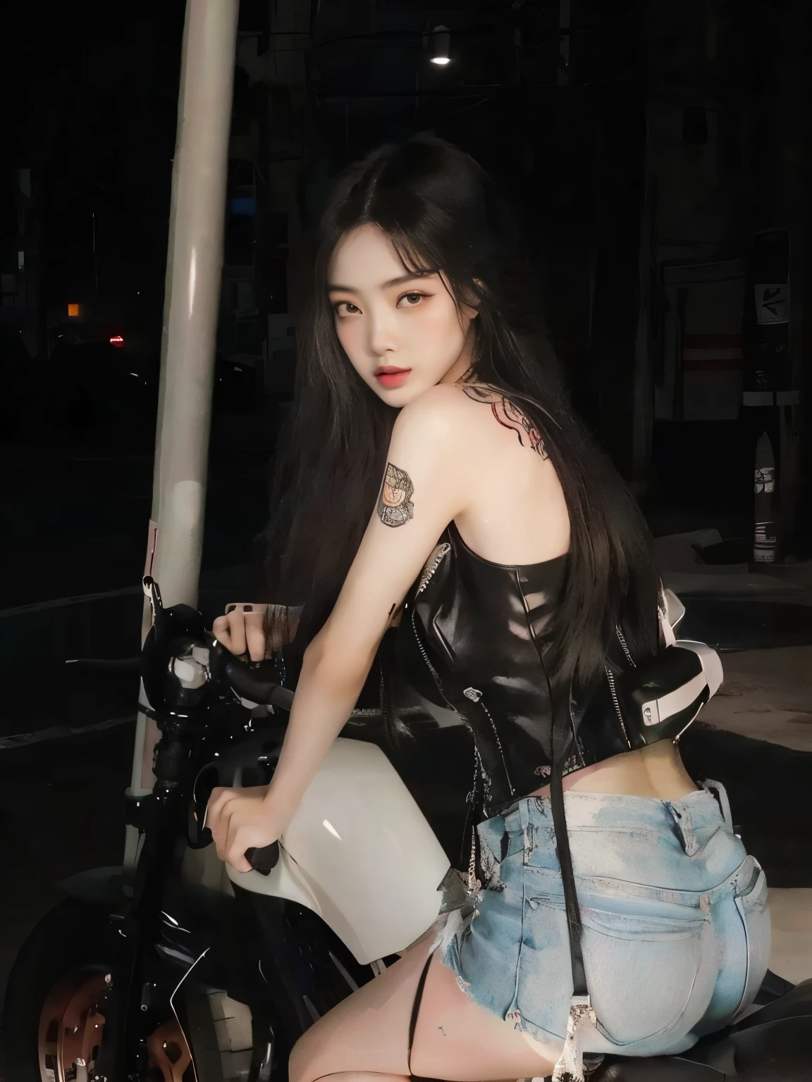 there is a woman sitting on a motorcycle with a tattoo on her arm, of taiwanese girl with tattoos, cruel korean goth girl, full body xianxia, yakuza slim girl, ulzzang, korean girl, 18 years old, trending at cgstation, with long hair, with tattoos, xision wu, anime thai girl, dang my linh, asian girl