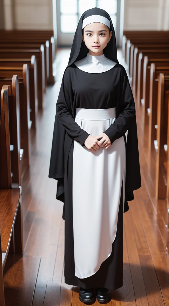 (((The nuns wear full nun hats in the church))),((Clothing that exposes))Clothes and skin are soaked all over,(wetclothes:1.9),Reflective skin,Sweaty skin,Works of masters,Best image quality,Higher quality,high detal,Ultra-high resolution,8K resolution,perfect hand,full body shot shot,Exquisite facial features,s the perfect face(Reality:1.4),