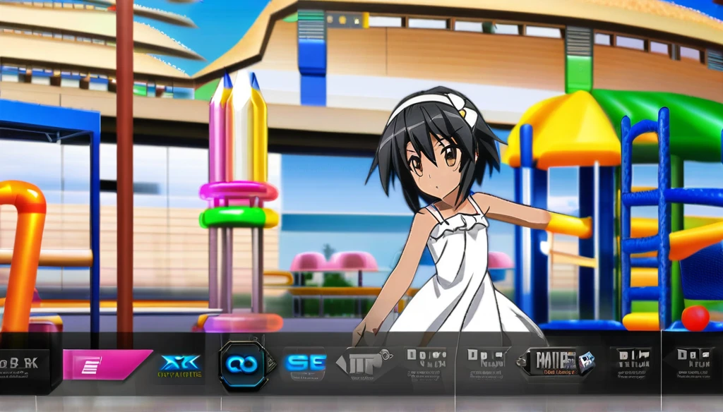 ((Anime Infinite Stratus Art, 8k, ultra full high definition, epic quality, epic texture)). The theme is a walk in the square. It's daytime. The setting is a small square, very detailed, with some playground toys, some children playing around. The focus of the scenario is a Girl, she is , short in stature(140cm), she has dog black ears(long:1.9), black hair(short:1.9), black dog tail, bright brown eyes, tanned skin, thin, slightly toned, narrow chest, flat breasts , thin waist, narrow hips, she is wearing a beautiful white summer dress, she is tsundere, she walking in the square. The atmosphere is fun, funny and romantic.