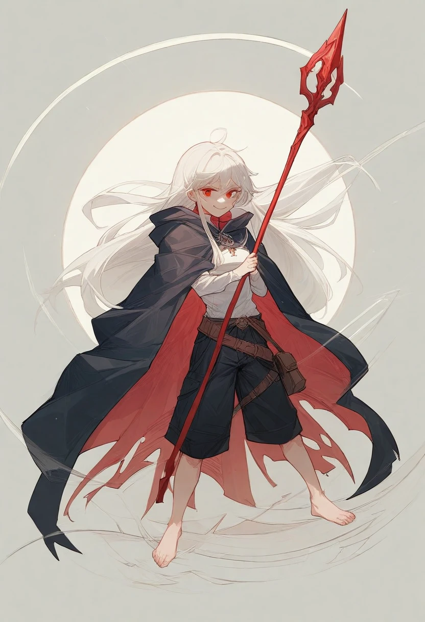 Height 165cm，Red eyes，Smiling，Long hair，Hair color gray。Wearing a black cape with red stripes，Under the cloak is a set of red and white uniforms.，Bust B+。The lower body is wearing a pair of black shorts with white edges，A brown belt around the waist，barefoot，Holding a staff
